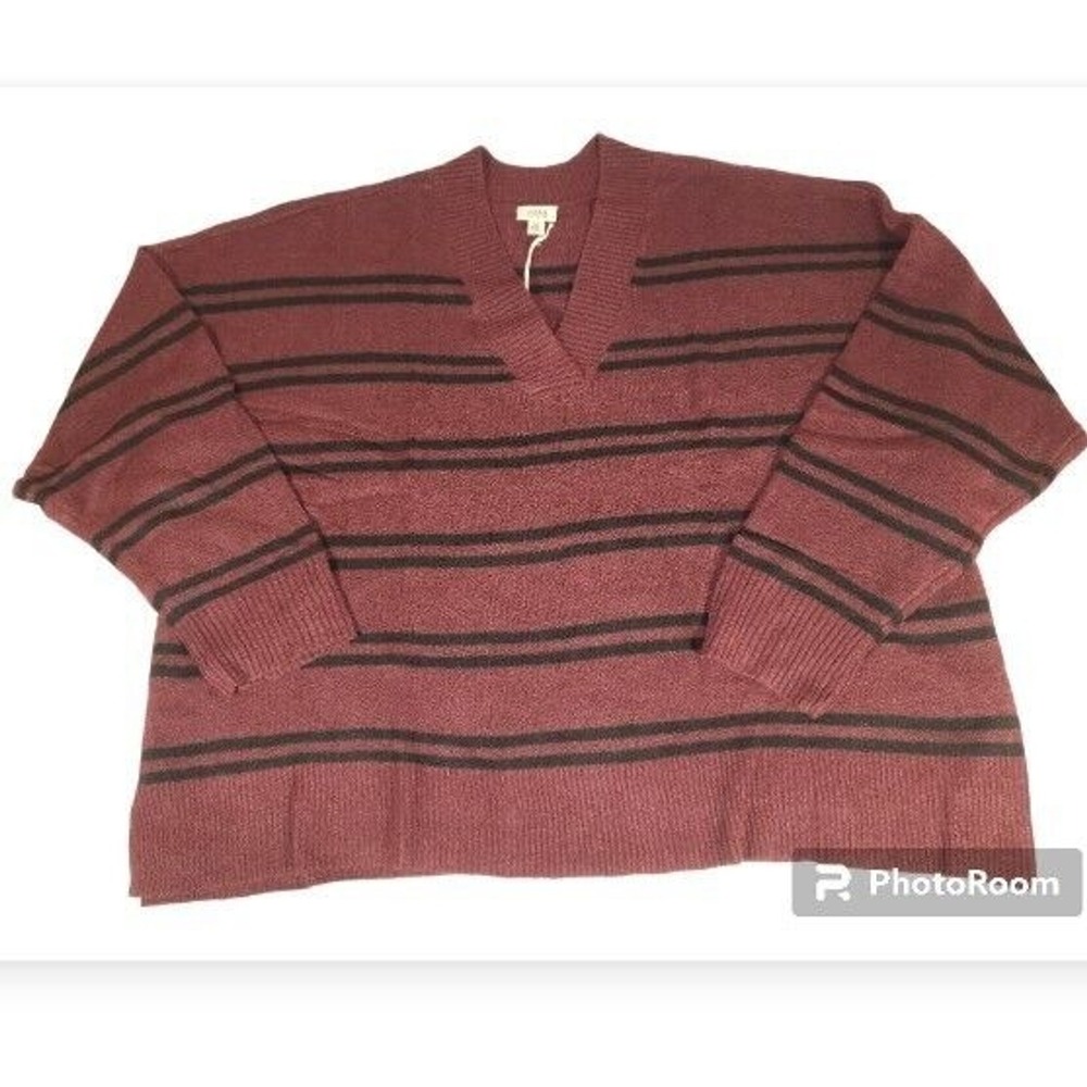 A.n.a Womens Sweater 4xl Wine Purple Black V Neck Knit Stripe Casual Long Sleeve